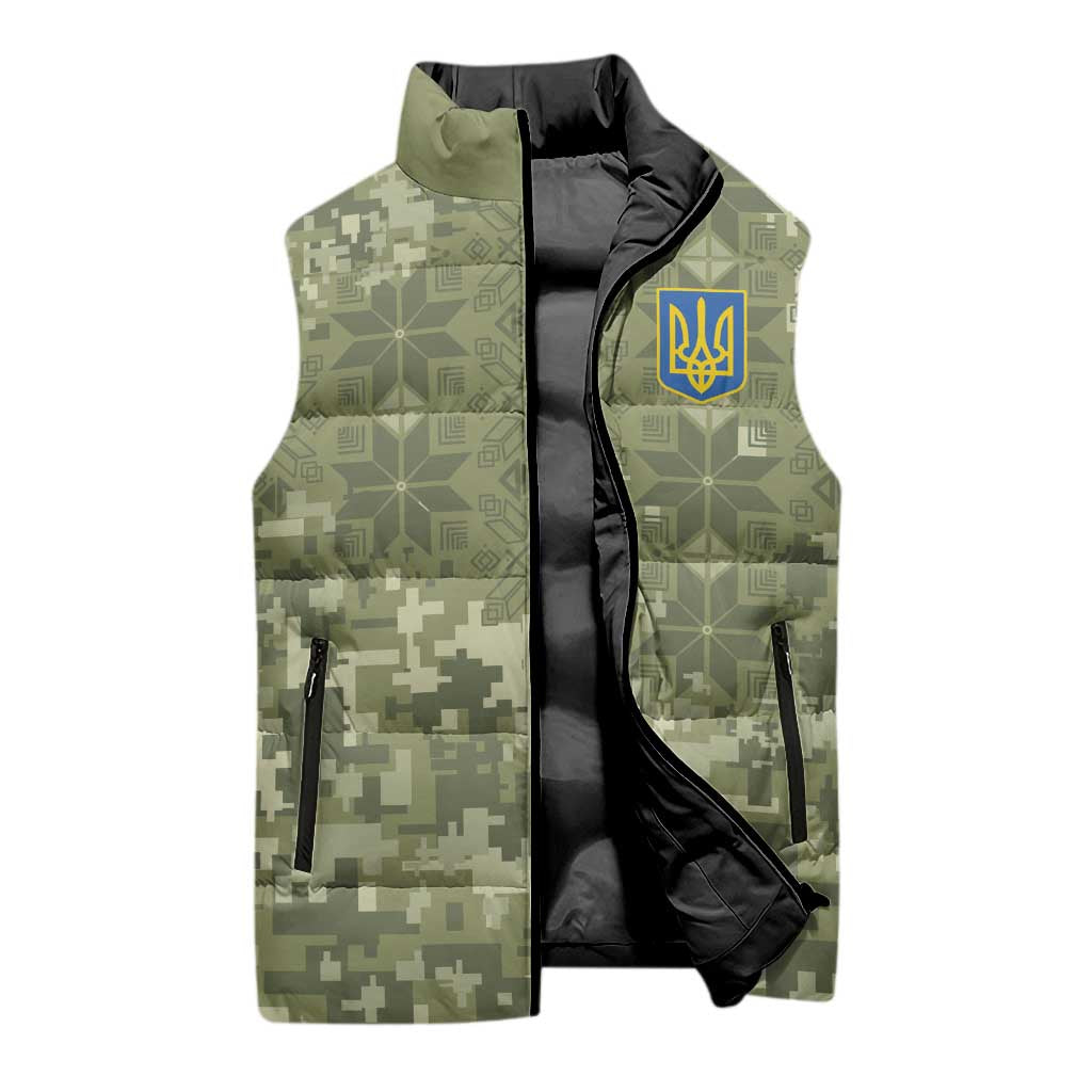 Ukraine Military Vyshyvanka Pattern Sleeveless Puffer Jacket Tryzub Emblem Tactical Style - Wonder Print Shop