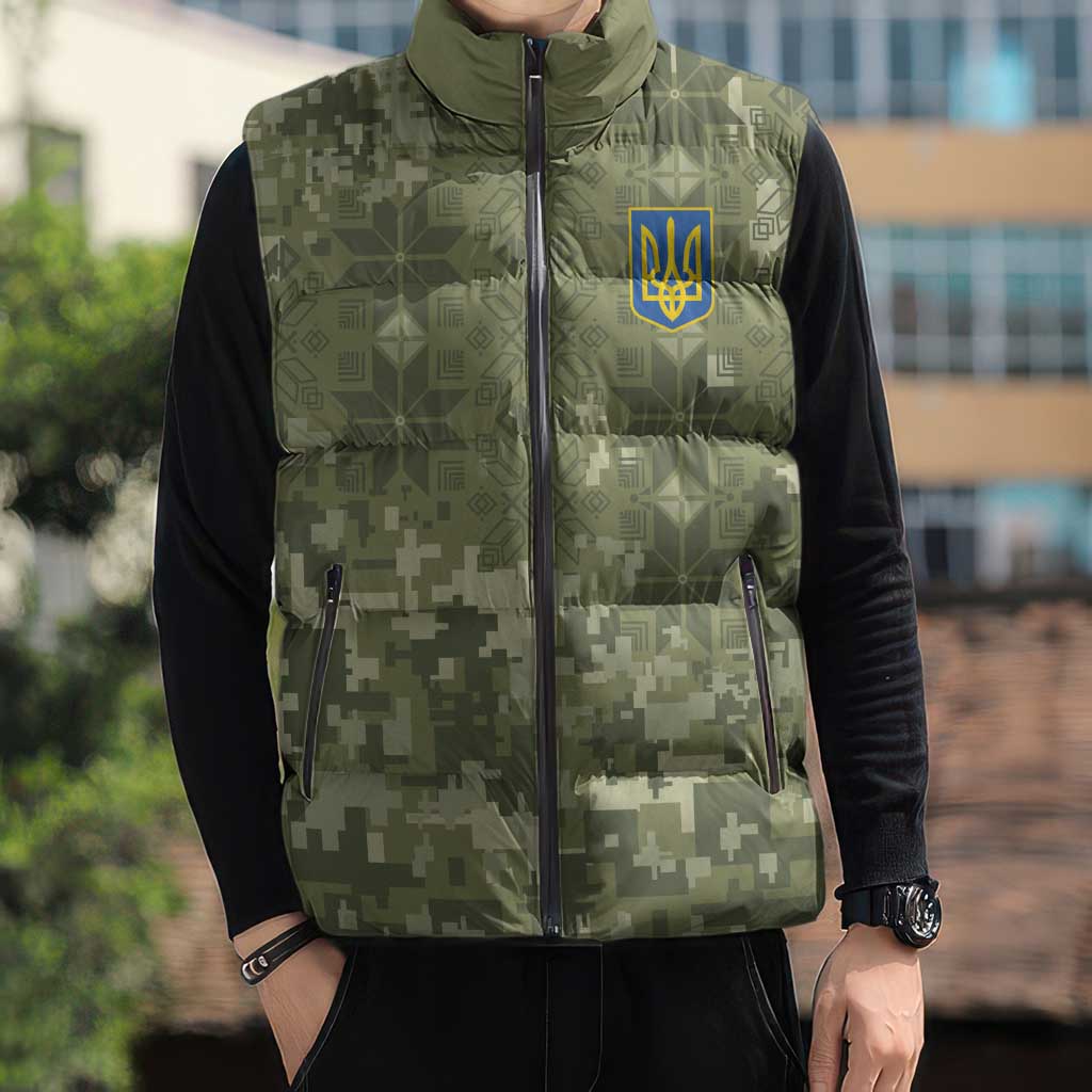 Ukraine Military Vyshyvanka Pattern Sleeveless Puffer Jacket Tryzub Emblem Tactical Style - Wonder Print Shop