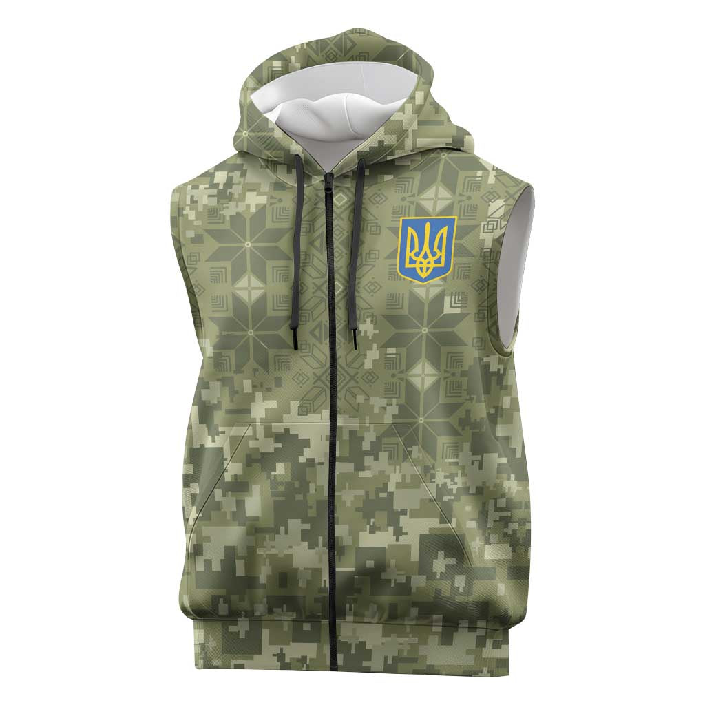 Ukraine Military Vyshyvanka Pattern Sleeveless Zip Hoodie Tryzub Emblem Tactical Style - Wonder Print Shop
