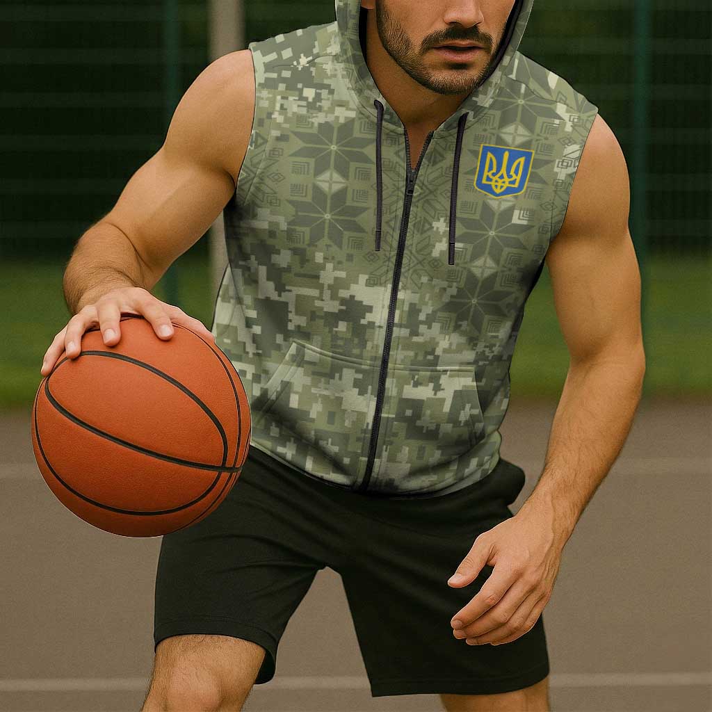 Ukraine Military Vyshyvanka Pattern Sleeveless Zip Hoodie Tryzub Emblem Tactical Style - Wonder Print Shop