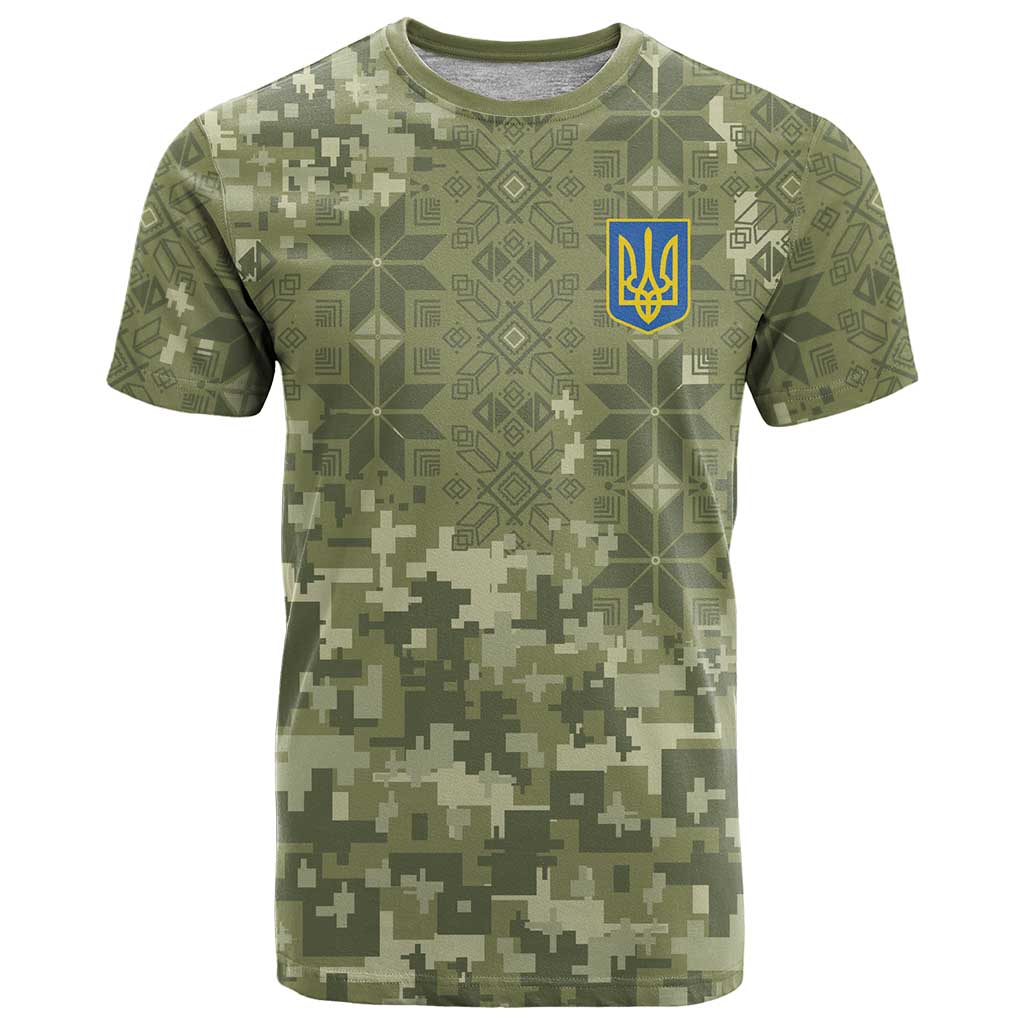 Ukraine Military Vyshyvanka Pattern T Shirt Tryzub Emblem Tactical Style - Wonder Print Shop