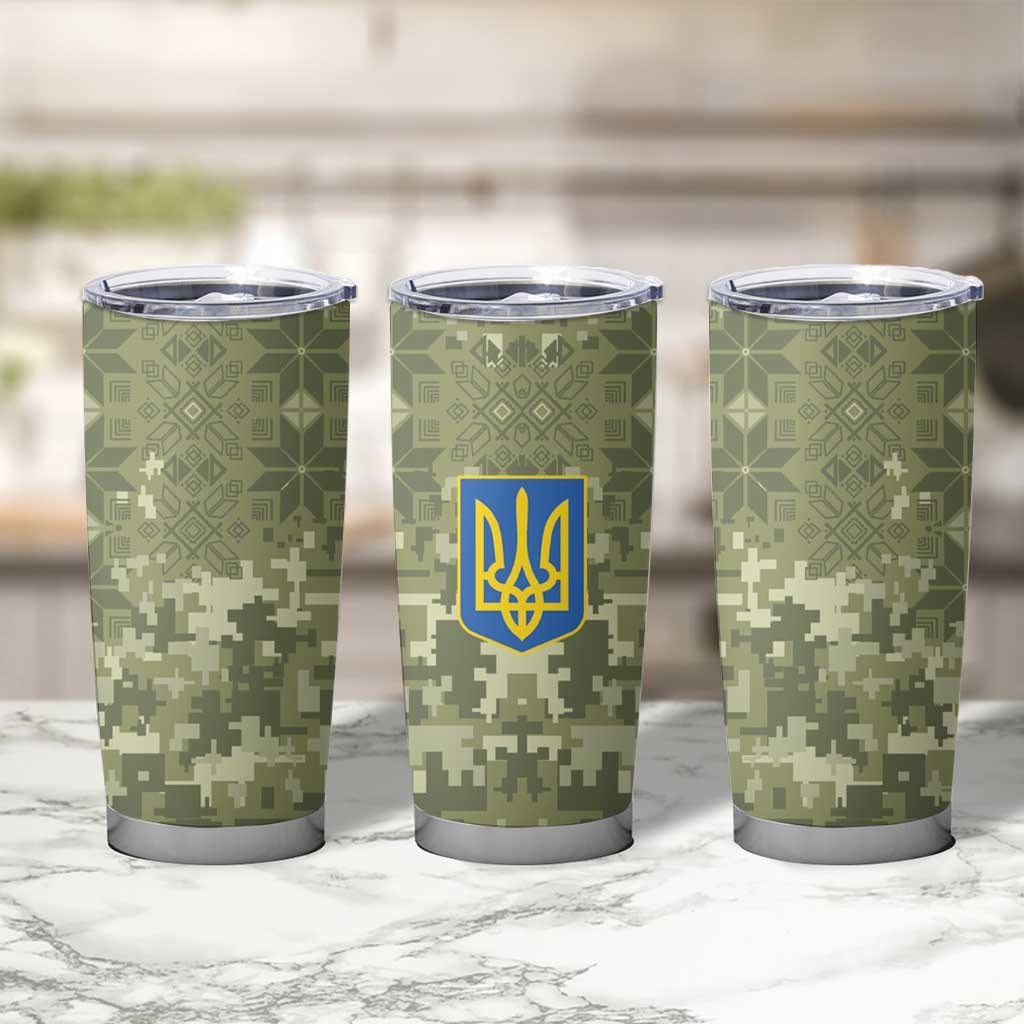 Ukraine Military Vyshyvanka Pattern Tumbler Cup Tryzub Emblem Tactical Style - Wonder Print Shop