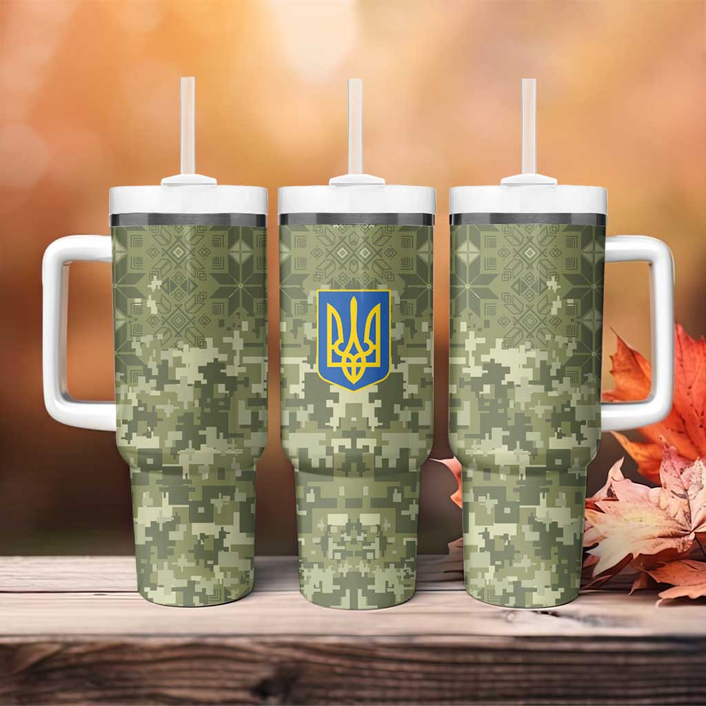 Ukraine Military Vyshyvanka Pattern Tumbler With Handle Tryzub Emblem Tactical Style - Wonder Print Shop