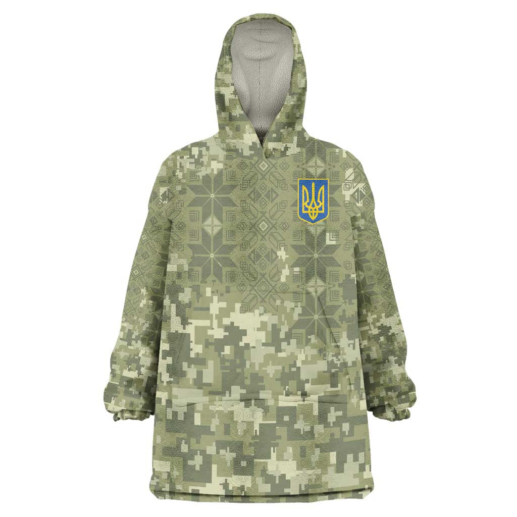 Ukraine Military Vyshyvanka Pattern Wearable Blanket Hoodie Tryzub Emblem Tactical Style - Wonder Print Shop
