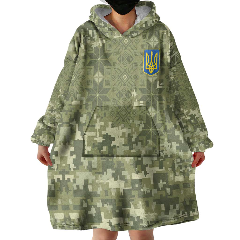 Ukraine Military Vyshyvanka Pattern Wearable Blanket Hoodie Tryzub Emblem Tactical Style - Wonder Print Shop