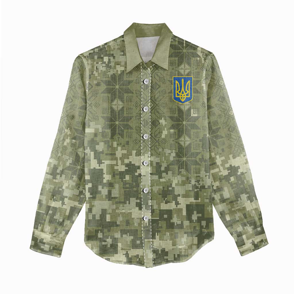 Ukraine Military Vyshyvanka Pattern Women Casual Shirt Tryzub Emblem Tactical Style - Wonder Print Shop