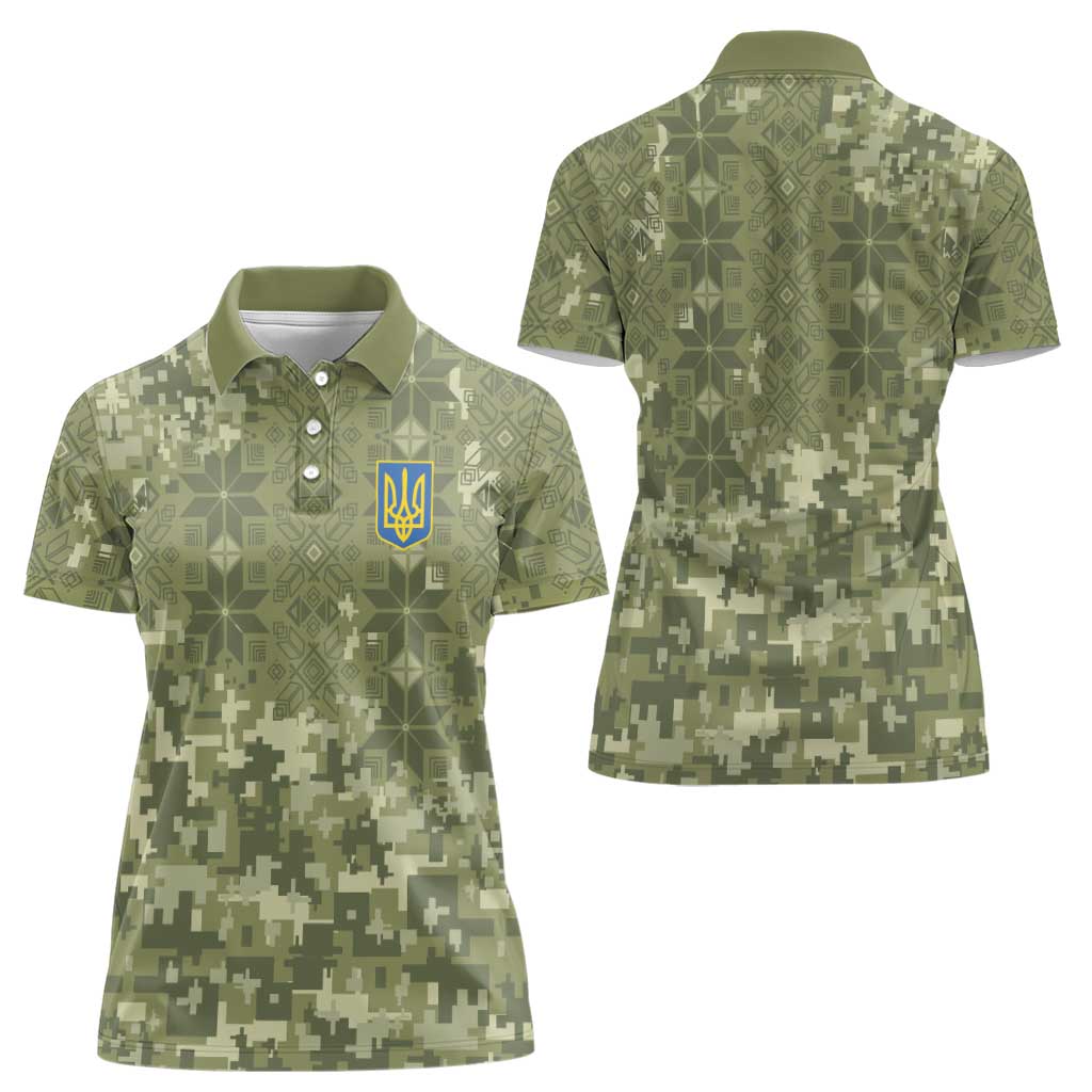 Ukraine Military Vyshyvanka Pattern Women Polo Shirt Tryzub Emblem Tactical Style - Wonder Print Shop