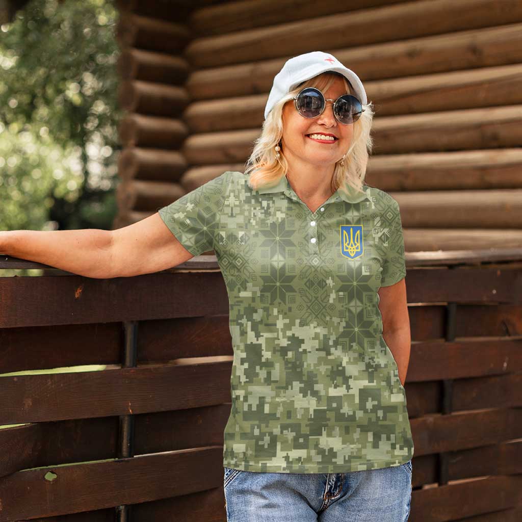 Ukraine Military Vyshyvanka Pattern Women Polo Shirt Tryzub Emblem Tactical Style - Wonder Print Shop
