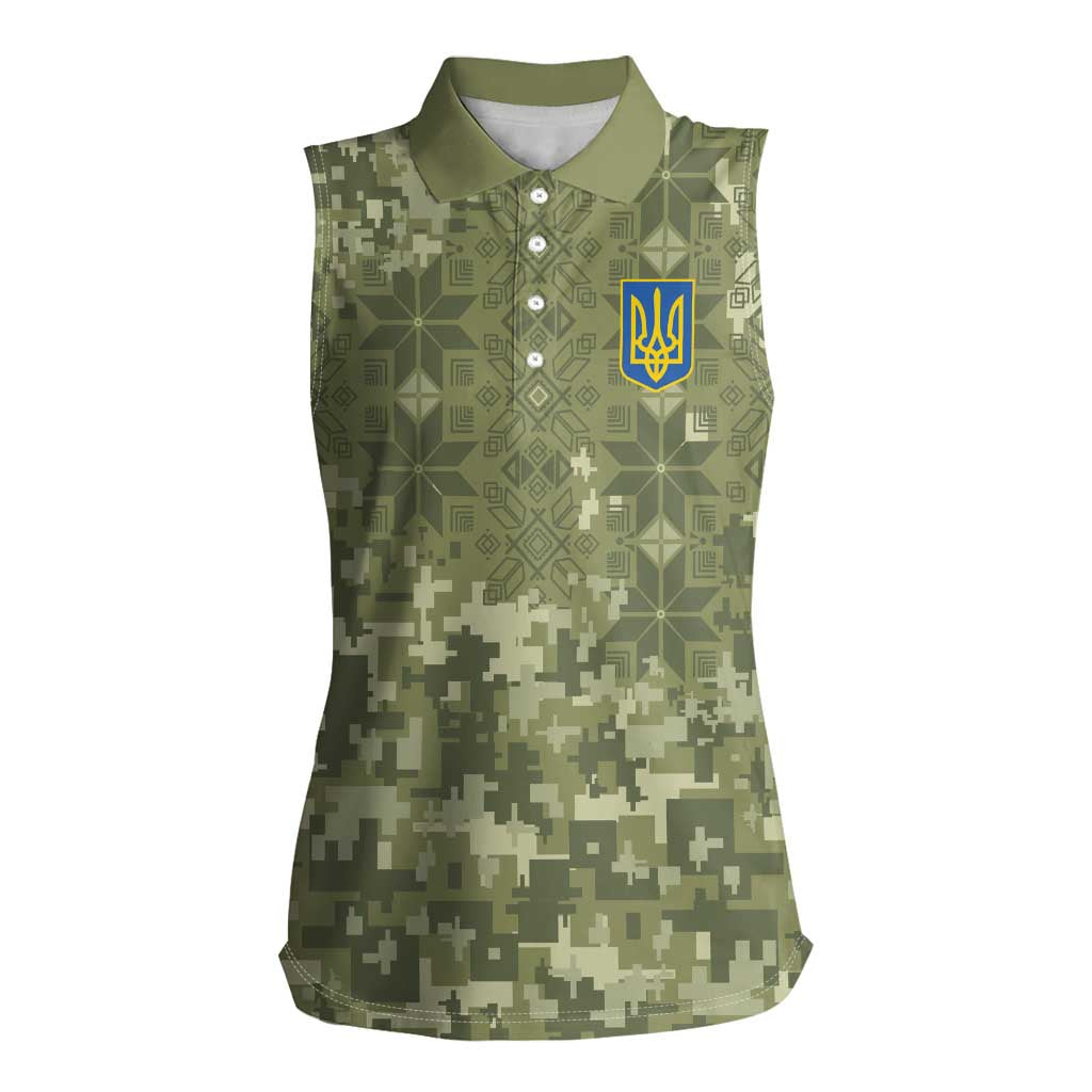Ukraine Military Vyshyvanka Pattern Women Sleeveless Polo Shirt Tryzub Emblem Tactical Style - Wonder Print Shop
