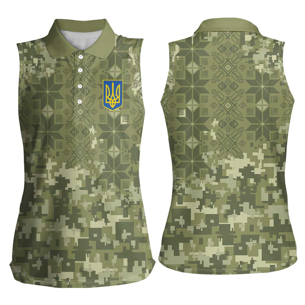 Ukraine Military Vyshyvanka Pattern Women Sleeveless Polo Shirt Tryzub Emblem Tactical Style - Wonder Print Shop