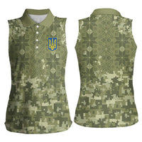 Ukraine Military Vyshyvanka Pattern Women Sleeveless Polo Shirt Tryzub Emblem Tactical Style - Wonder Print Shop