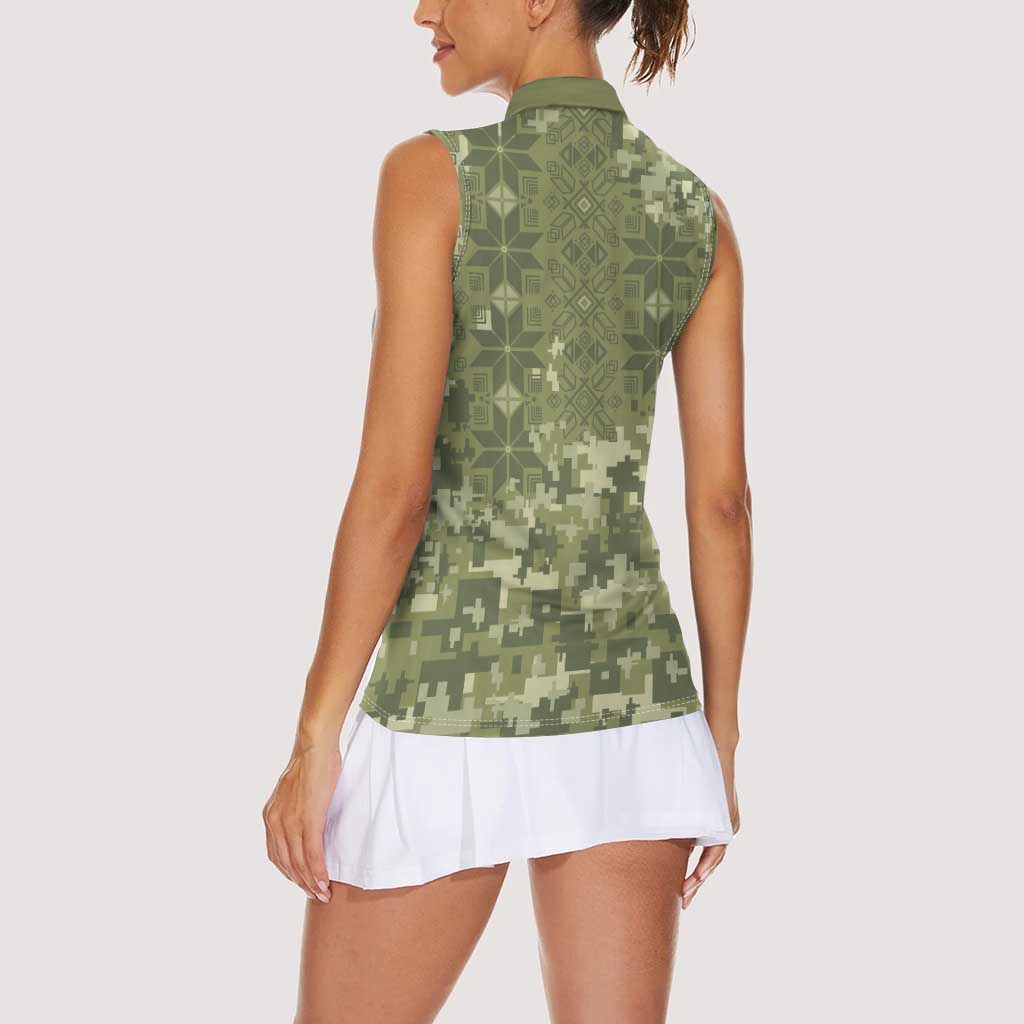 Ukraine Military Vyshyvanka Pattern Women Sleeveless Polo Shirt Tryzub Emblem Tactical Style - Wonder Print Shop