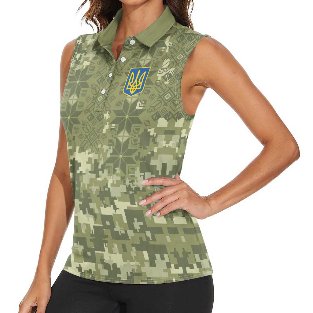 Ukraine Military Vyshyvanka Pattern Women Sleeveless Polo Shirt Tryzub Emblem Tactical Style - Wonder Print Shop