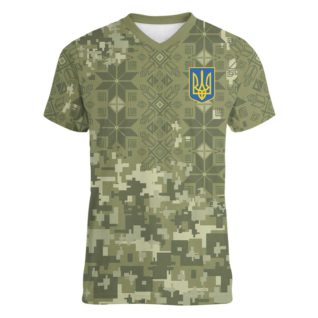 Ukraine Military Vyshyvanka Pattern Women V-Neck T-Shirt Tryzub Emblem Tactical Style - Wonder Print Shop