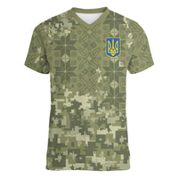 Ukraine Military Vyshyvanka Pattern Women V-Neck T-Shirt Tryzub Emblem Tactical Style - Wonder Print Shop