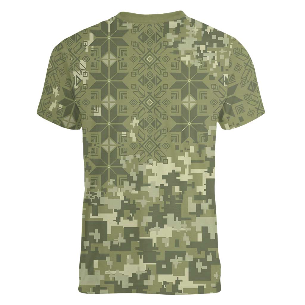 Ukraine Military Vyshyvanka Pattern Women V-Neck T-Shirt Tryzub Emblem Tactical Style - Wonder Print Shop