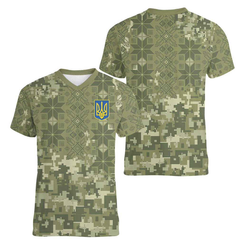 Ukraine Military Vyshyvanka Pattern Women V-Neck T-Shirt Tryzub Emblem Tactical Style - Wonder Print Shop