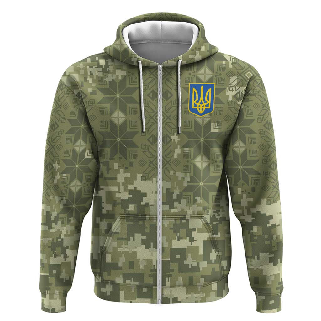 Ukraine Military Vyshyvanka Pattern Zip Hoodie Tryzub Emblem Tactical Style - Wonder Print Shop