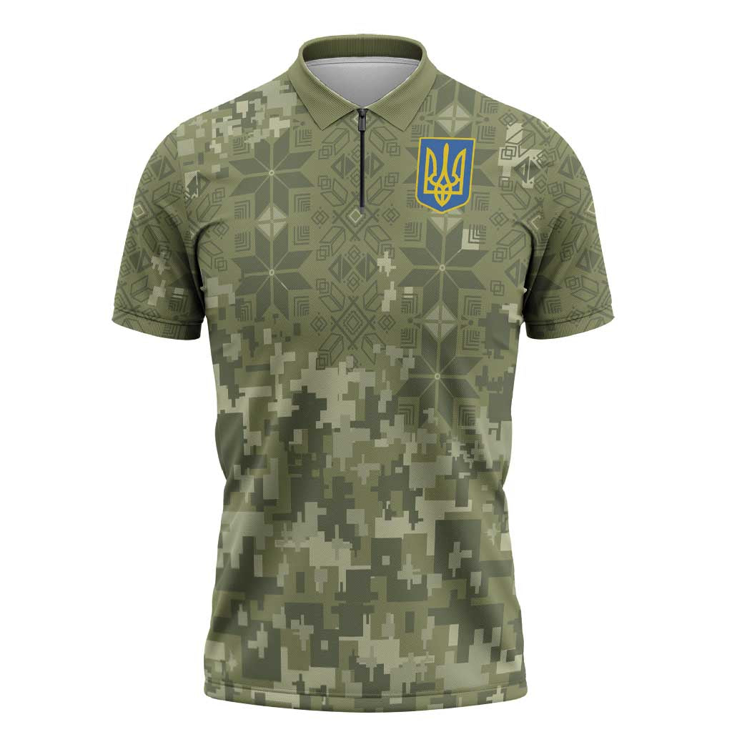 Ukraine Military Vyshyvanka Pattern Zipper Polo Shirt Tryzub Emblem Tactical Style - Wonder Print Shop