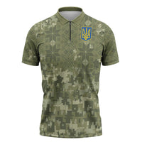 Ukraine Military Vyshyvanka Pattern Zipper Polo Shirt Tryzub Emblem Tactical Style - Wonder Print Shop