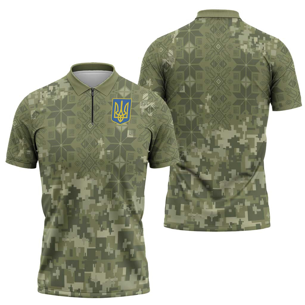 Ukraine Military Vyshyvanka Pattern Zipper Polo Shirt Tryzub Emblem Tactical Style - Wonder Print Shop