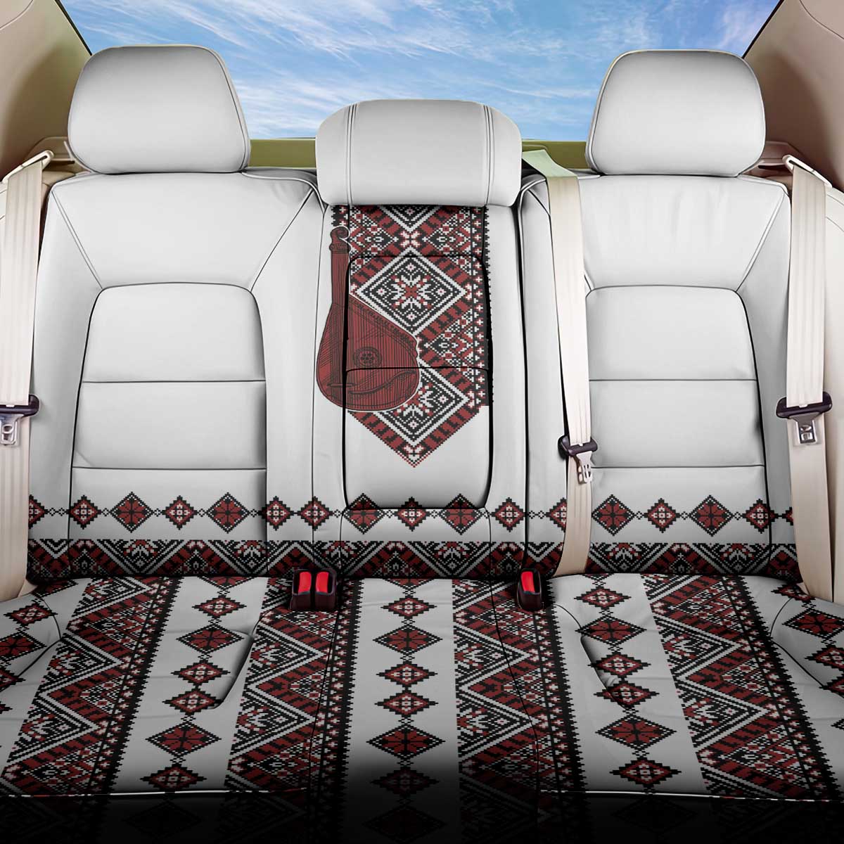 Ukraine Bandura Vyshyvanka Pattern Back Car Seat Cover Ukrainian Heritage Folk White Version - Wonder Print Shop