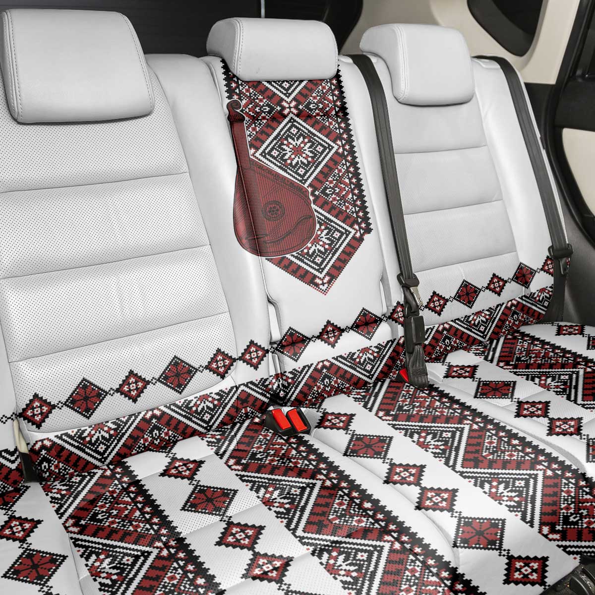 Ukraine Bandura Vyshyvanka Pattern Back Car Seat Cover Ukrainian Heritage Folk White Version - Wonder Print Shop