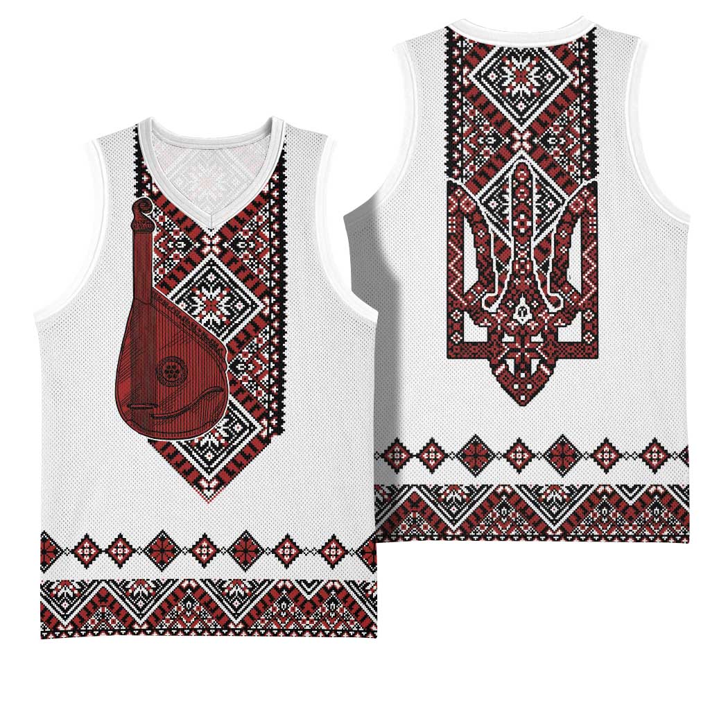 Ukraine Bandura Vyshyvanka Pattern Basketball Jersey Ukrainian Heritage Folk White Version - Wonder Print Shop