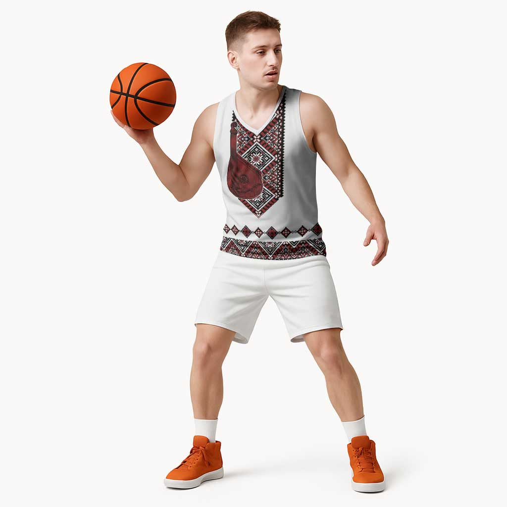Ukraine Bandura Vyshyvanka Pattern Basketball Jersey Ukrainian Heritage Folk White Version - Wonder Print Shop