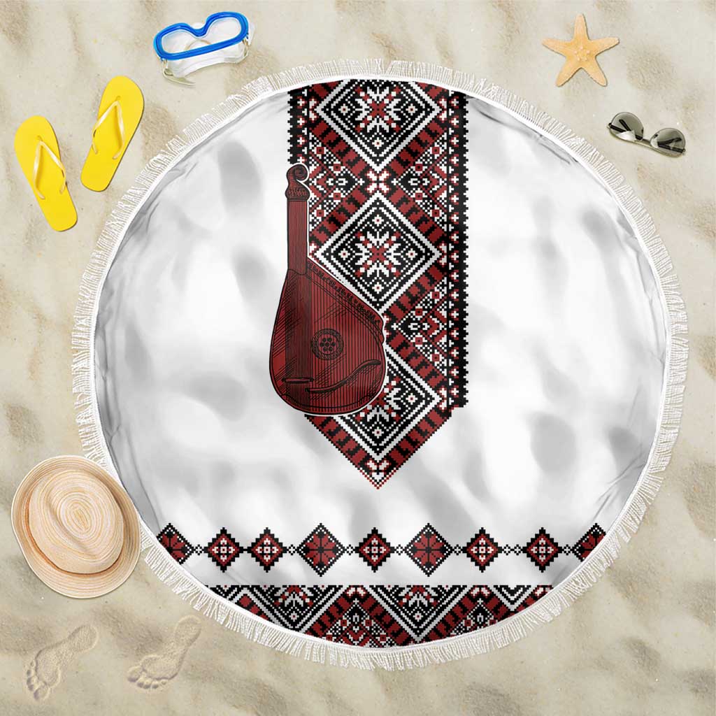 Ukraine Bandura Vyshyvanka Pattern Beach Blanket Ukrainian Heritage Folk White Version - Wonder Print Shop