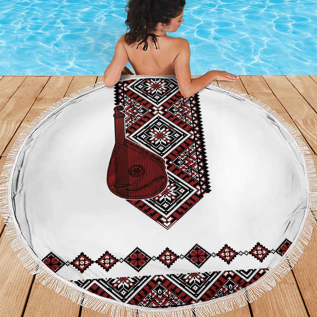 Ukraine Bandura Vyshyvanka Pattern Beach Blanket Ukrainian Heritage Folk White Version - Wonder Print Shop