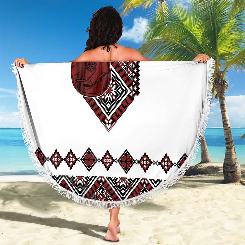 Ukraine Bandura Vyshyvanka Pattern Beach Blanket Ukrainian Heritage Folk White Version - Wonder Print Shop