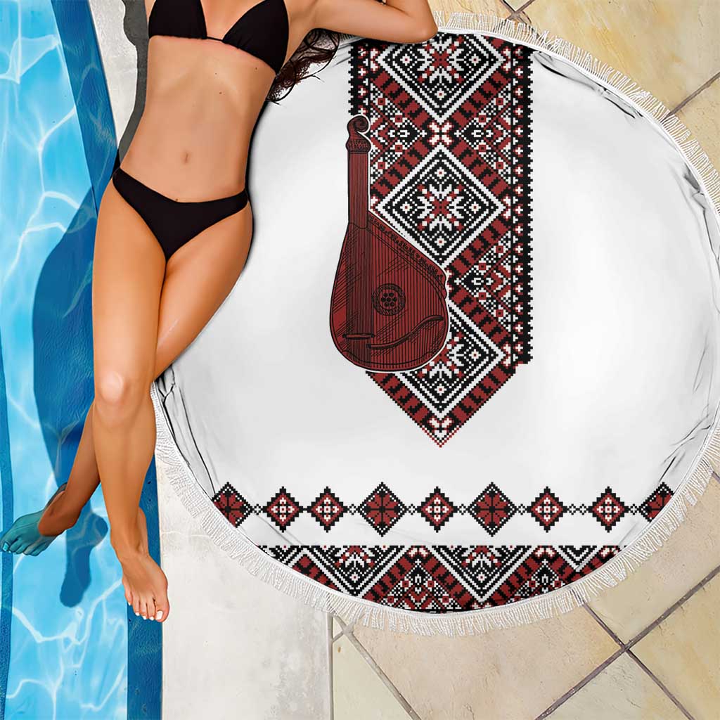 Ukraine Bandura Vyshyvanka Pattern Beach Blanket Ukrainian Heritage Folk White Version - Wonder Print Shop