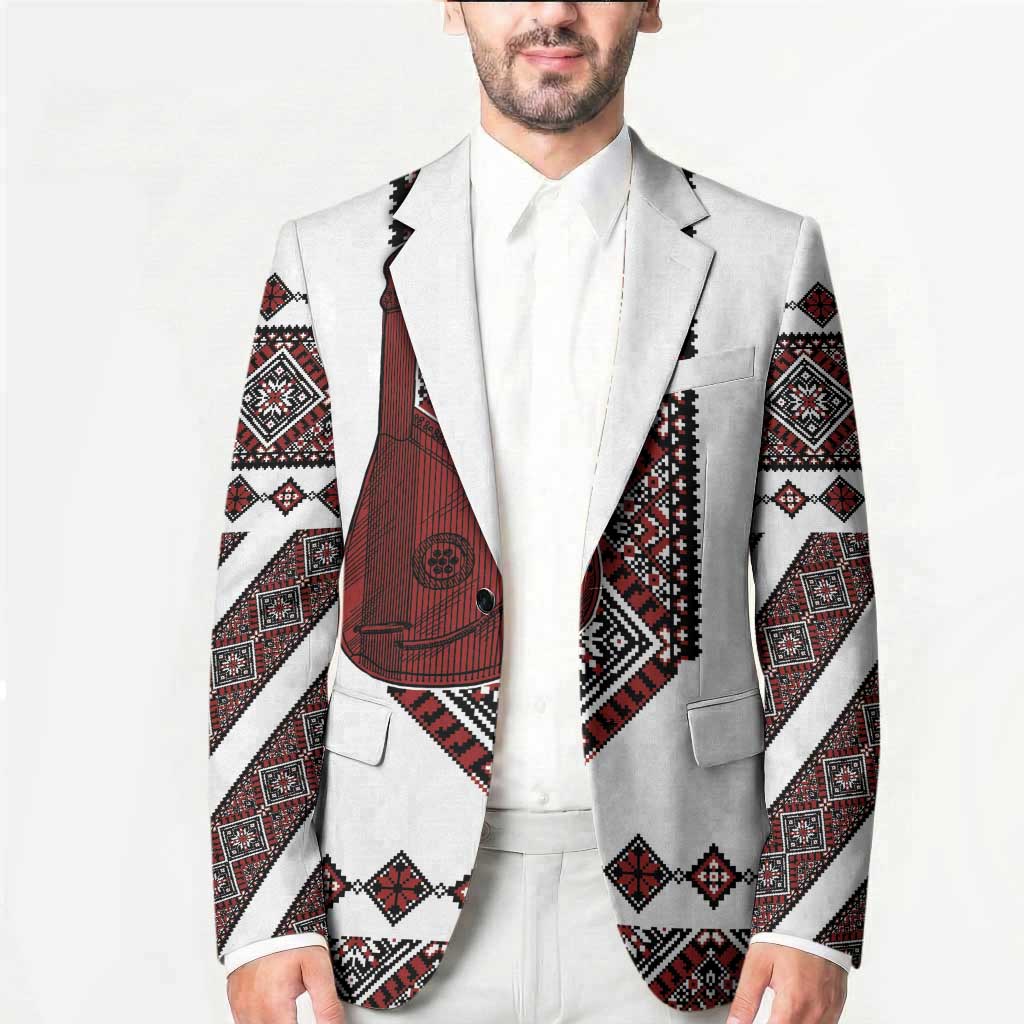 Ukraine Bandura Vyshyvanka Pattern Blazer Ukrainian Heritage Folk White Version - Wonder Print Shop