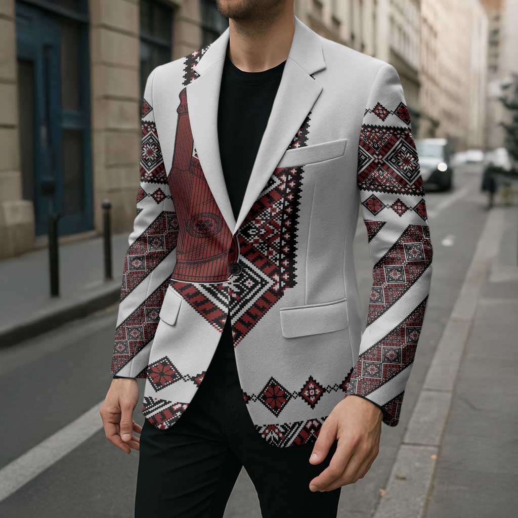Ukraine Bandura Vyshyvanka Pattern Blazer Ukrainian Heritage Folk White Version - Wonder Print Shop