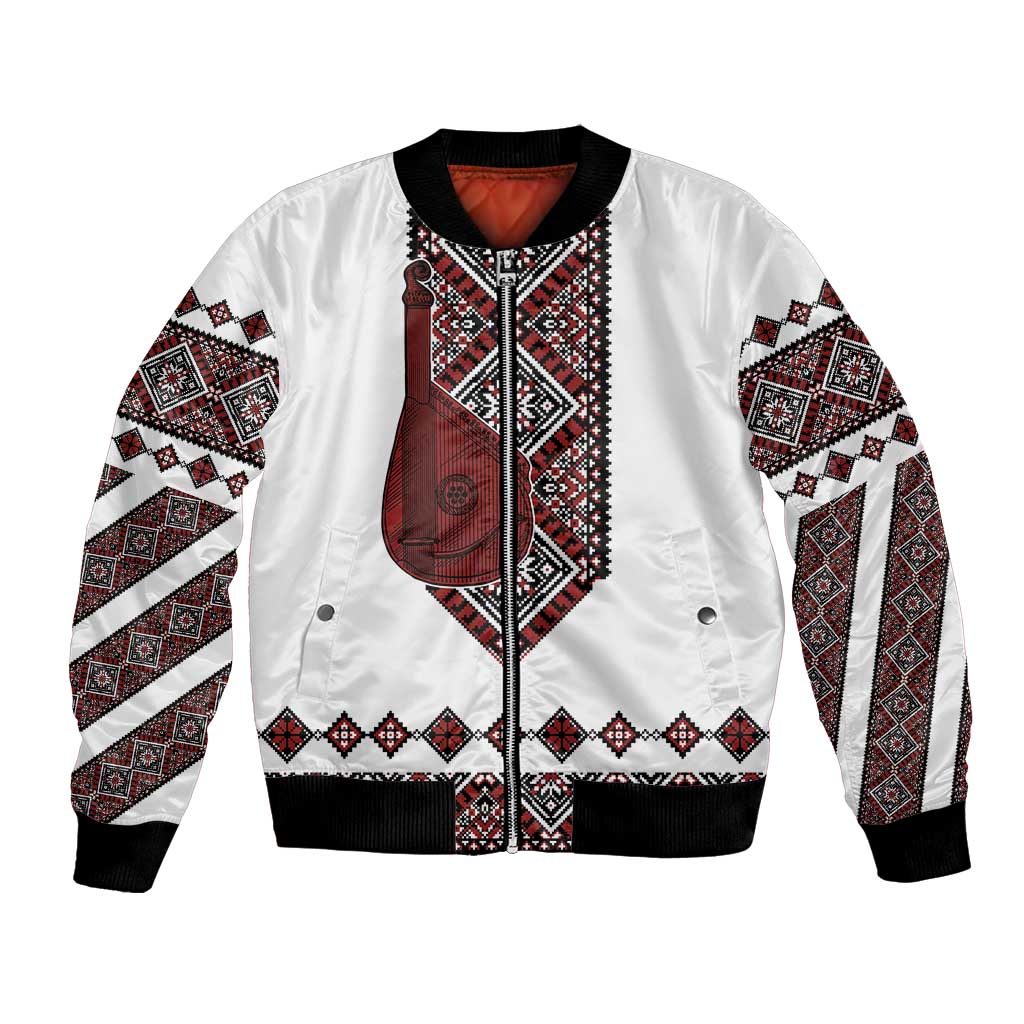 Ukraine Bandura Vyshyvanka Pattern Bomber Jacket Ukrainian Heritage Folk White Version - Wonder Print Shop