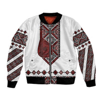 Ukraine Bandura Vyshyvanka Pattern Bomber Jacket Ukrainian Heritage Folk White Version - Wonder Print Shop