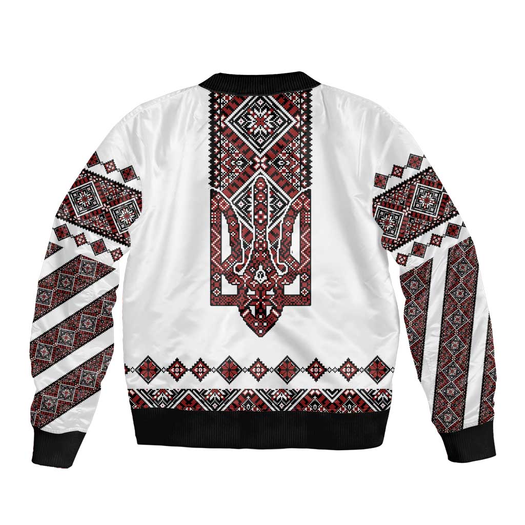Ukraine Bandura Vyshyvanka Pattern Bomber Jacket Ukrainian Heritage Folk White Version - Wonder Print Shop