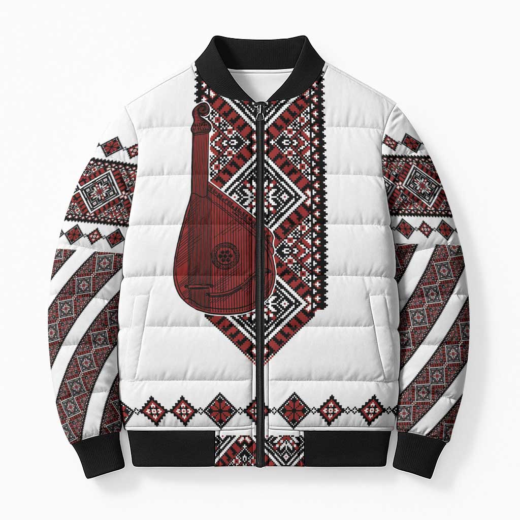 Ukraine Bandura Vyshyvanka Pattern Bomber Puffer Jacket Ukrainian Heritage Folk White Version - Wonder Print Shop