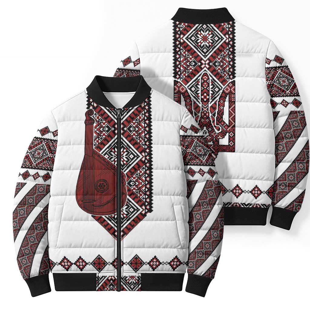 Ukraine Bandura Vyshyvanka Pattern Bomber Puffer Jacket Ukrainian Heritage Folk White Version - Wonder Print Shop