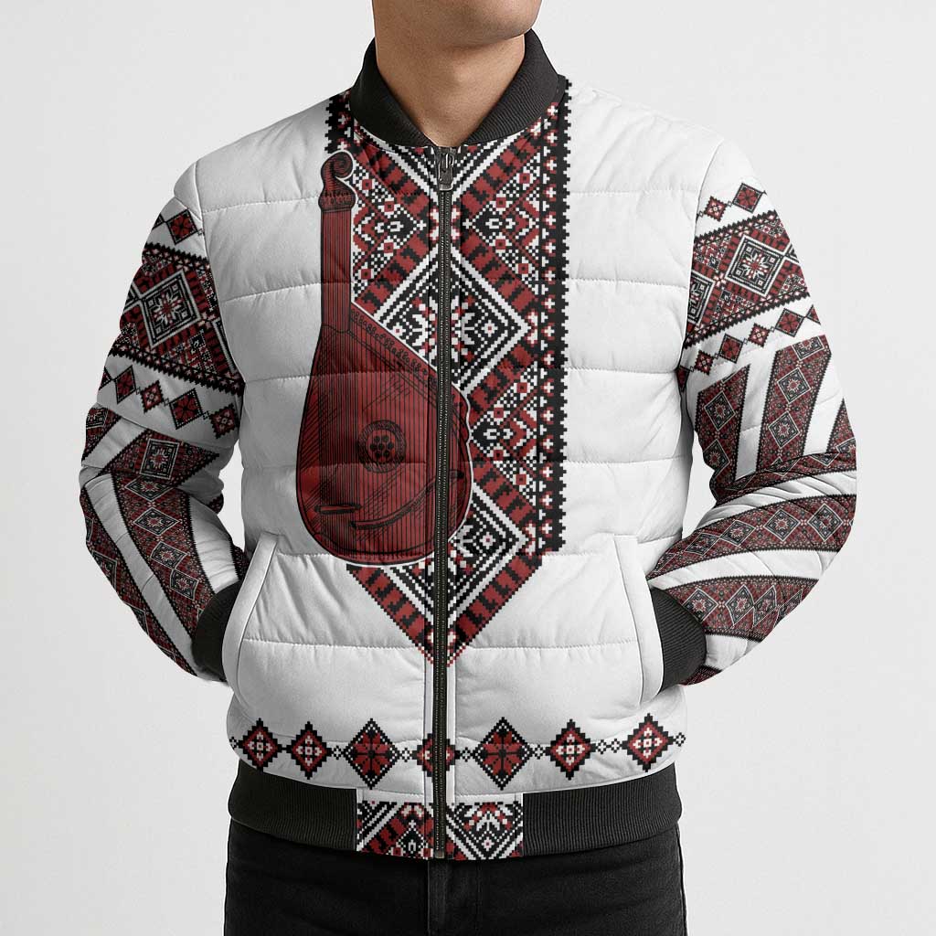Ukraine Bandura Vyshyvanka Pattern Bomber Puffer Jacket Ukrainian Heritage Folk White Version - Wonder Print Shop