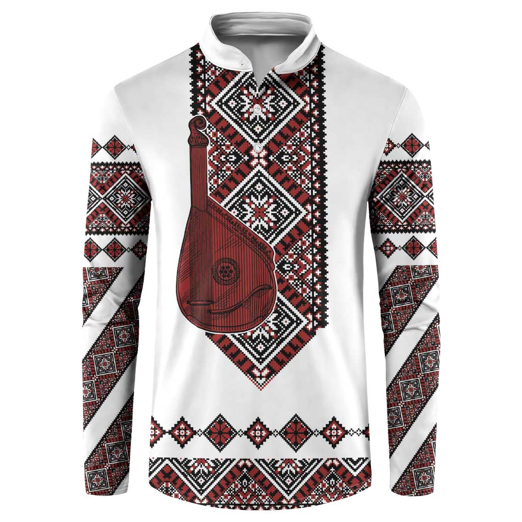 Ukraine Bandura Vyshyvanka Pattern Button Sweatshirt Ukrainian Heritage Folk White Version - Wonder Print Shop