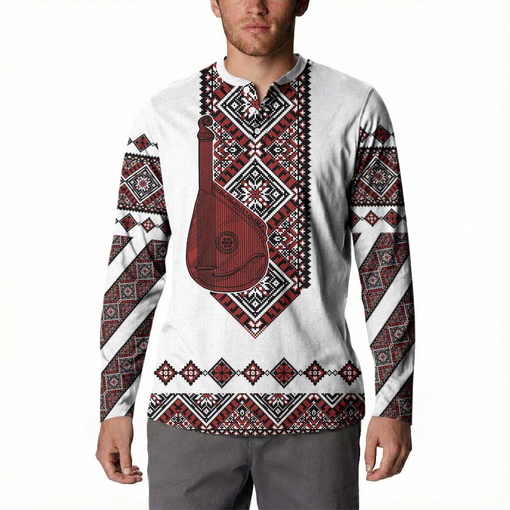 Ukraine Bandura Vyshyvanka Pattern Button Sweatshirt Ukrainian Heritage Folk White Version - Wonder Print Shop