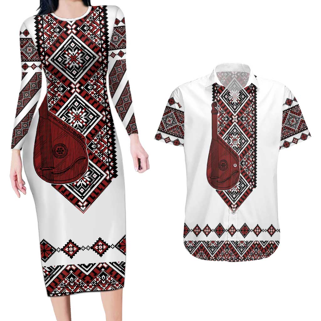 Ukraine Bandura Vyshyvanka Pattern Couples Matching Long Sleeve Bodycon Dress and Hawaiian Shirt Ukrainian Heritage Folk White Version - Wonder Print Shop