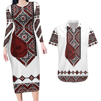 Ukraine Bandura Vyshyvanka Pattern Couples Matching Long Sleeve Bodycon Dress and Hawaiian Shirt Ukrainian Heritage Folk White Version - Wonder Print Shop