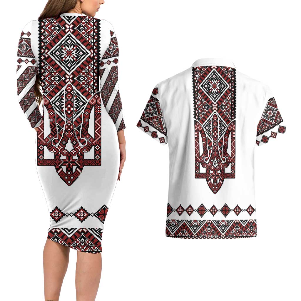 Ukraine Bandura Vyshyvanka Pattern Couples Matching Long Sleeve Bodycon Dress and Hawaiian Shirt Ukrainian Heritage Folk White Version - Wonder Print Shop