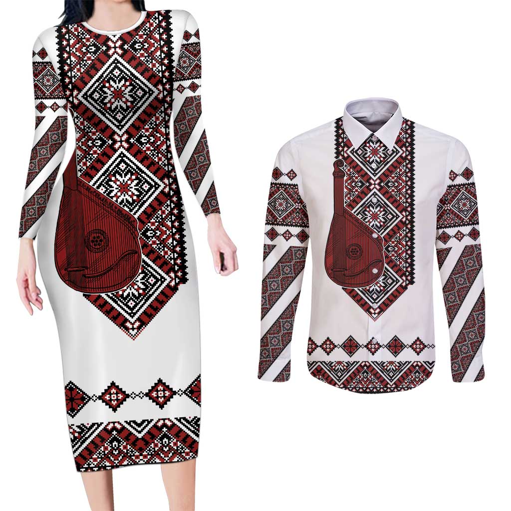 Ukraine Bandura Vyshyvanka Pattern Couples Matching Long Sleeve Bodycon Dress and Long Sleeve Button Shirt Ukrainian Heritage Folk White Version - Wonder Print Shop