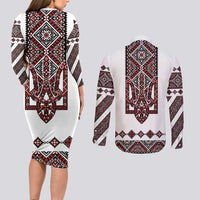 Ukraine Bandura Vyshyvanka Pattern Couples Matching Long Sleeve Bodycon Dress and Long Sleeve Button Shirt Ukrainian Heritage Folk White Version - Wonder Print Shop
