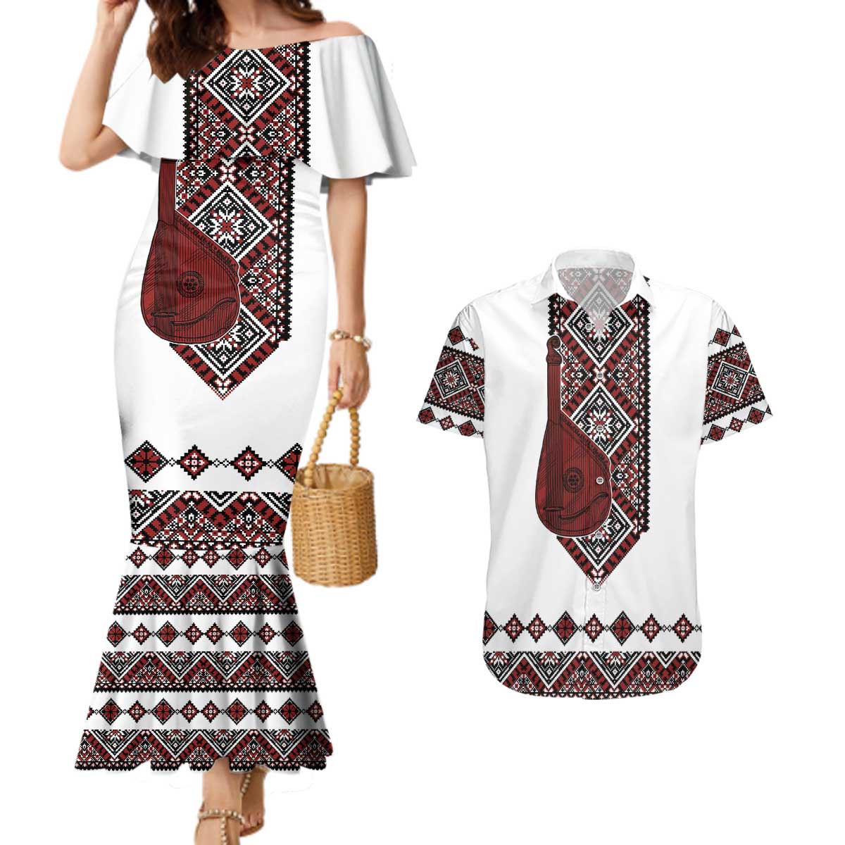 Ukraine Bandura Vyshyvanka Pattern Couples Matching Mermaid Dress and Hawaiian Shirt Ukrainian Heritage Folk White Version - Wonder Print Shop