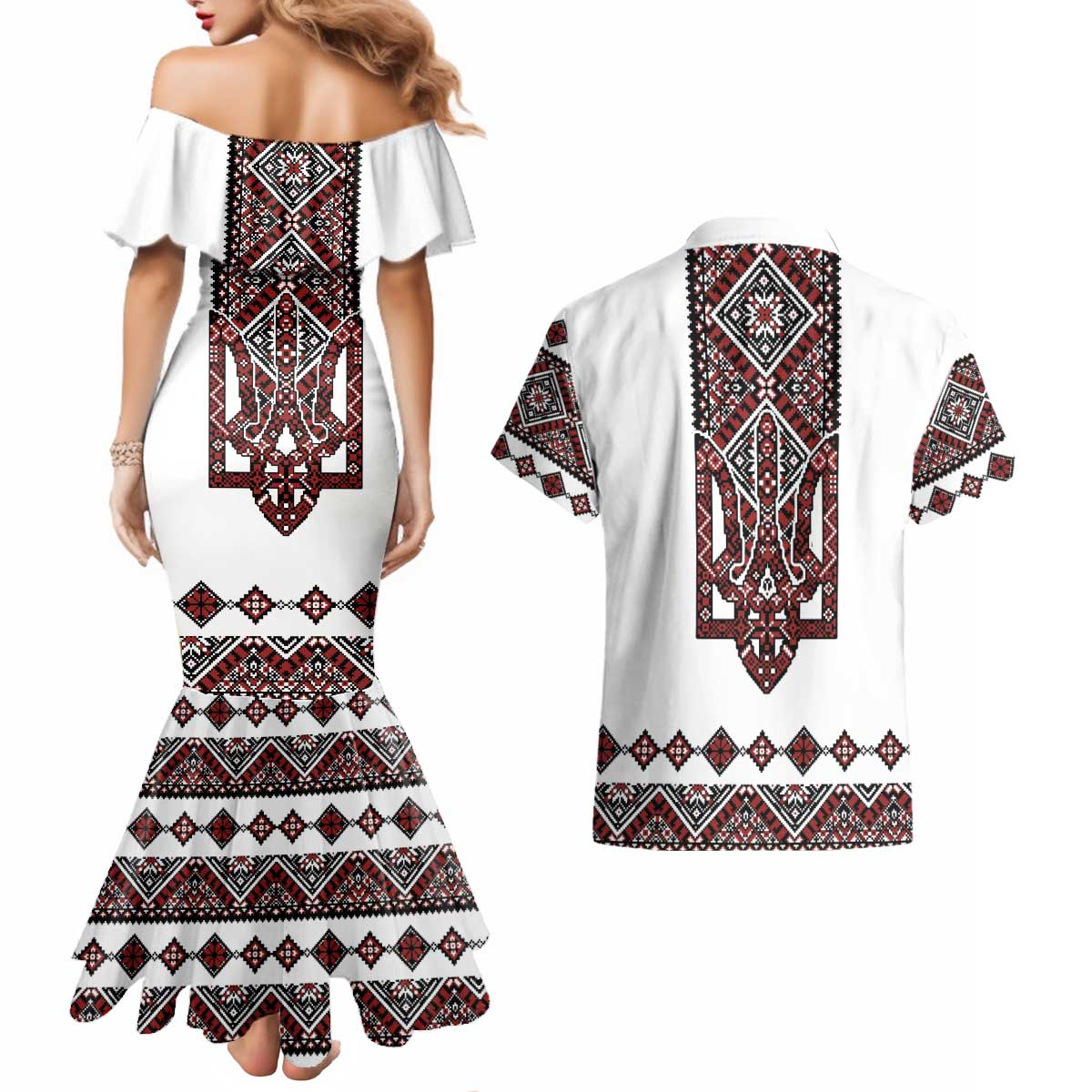 Ukraine Bandura Vyshyvanka Pattern Couples Matching Mermaid Dress and Hawaiian Shirt Ukrainian Heritage Folk White Version - Wonder Print Shop